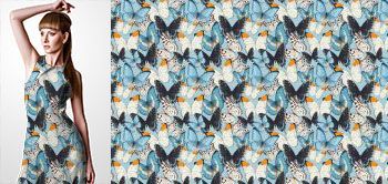 24015v Materiał ze wzorem kolorowe motyle w odcieniach niebieskiego, szarego i pomarańczowego w stylu akwareli